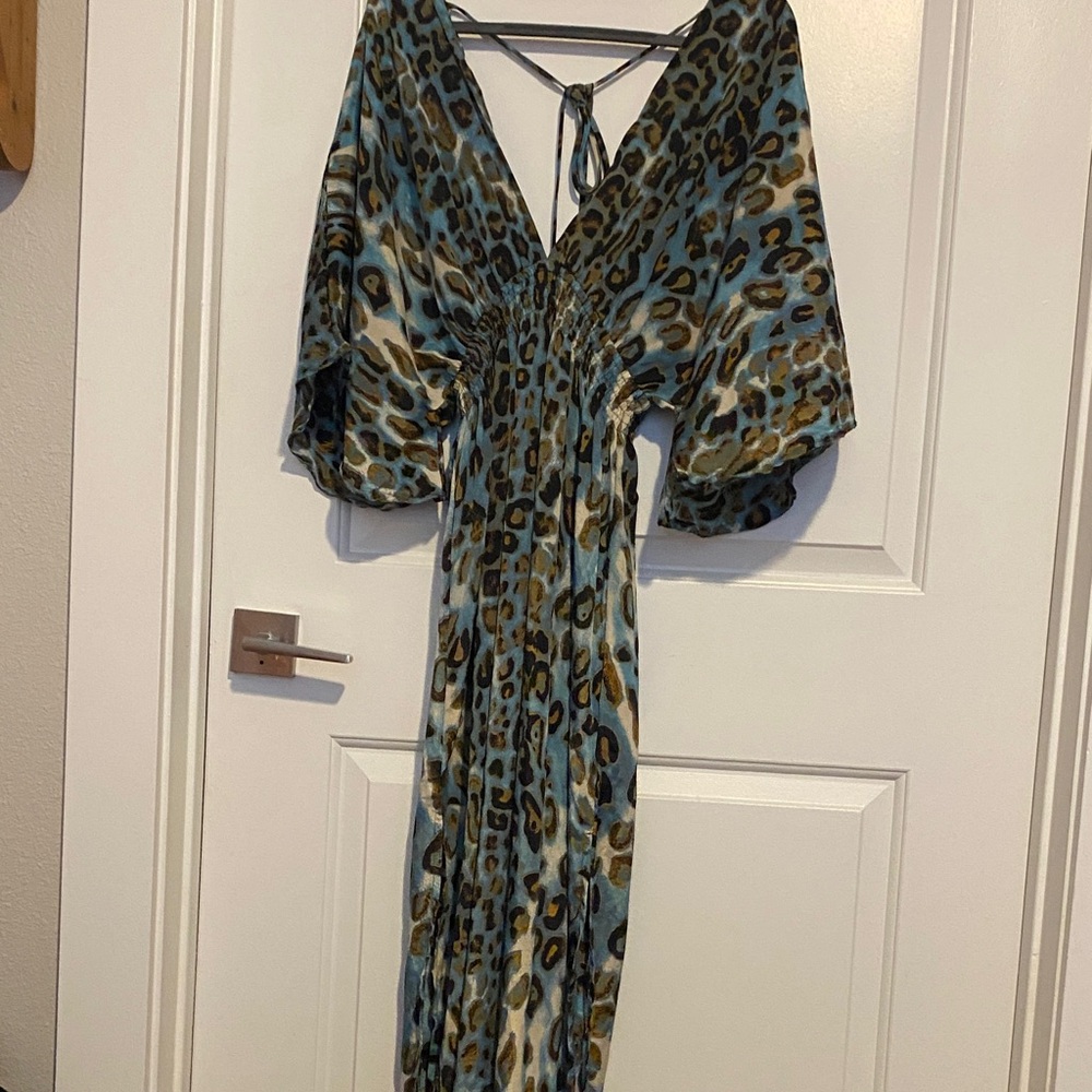 Leopard Print V-Neck Maxi Dress in Blue and Brown slits on the side of the dress